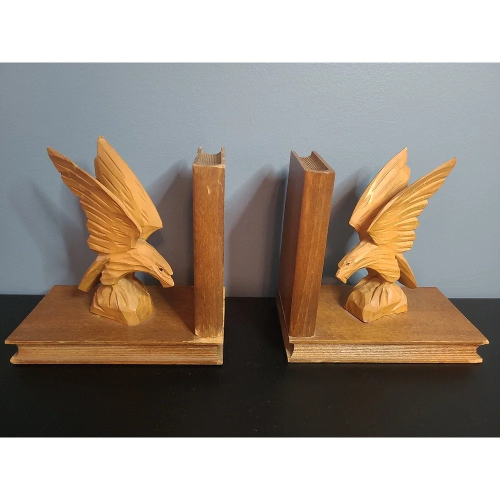 Pair of Bird of Prey American Eagle Hand Carved Wood Vintage Bookends